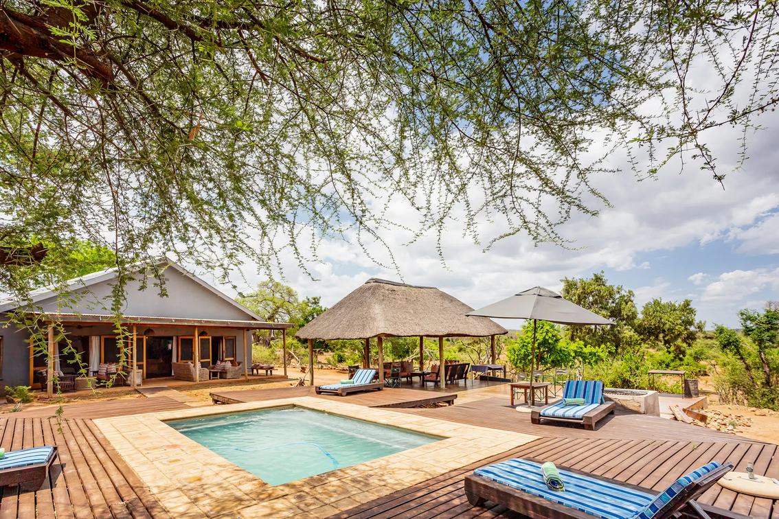 Baobab Hill House thatched lodge and plunge pool deck overlooking the bush in Kruger