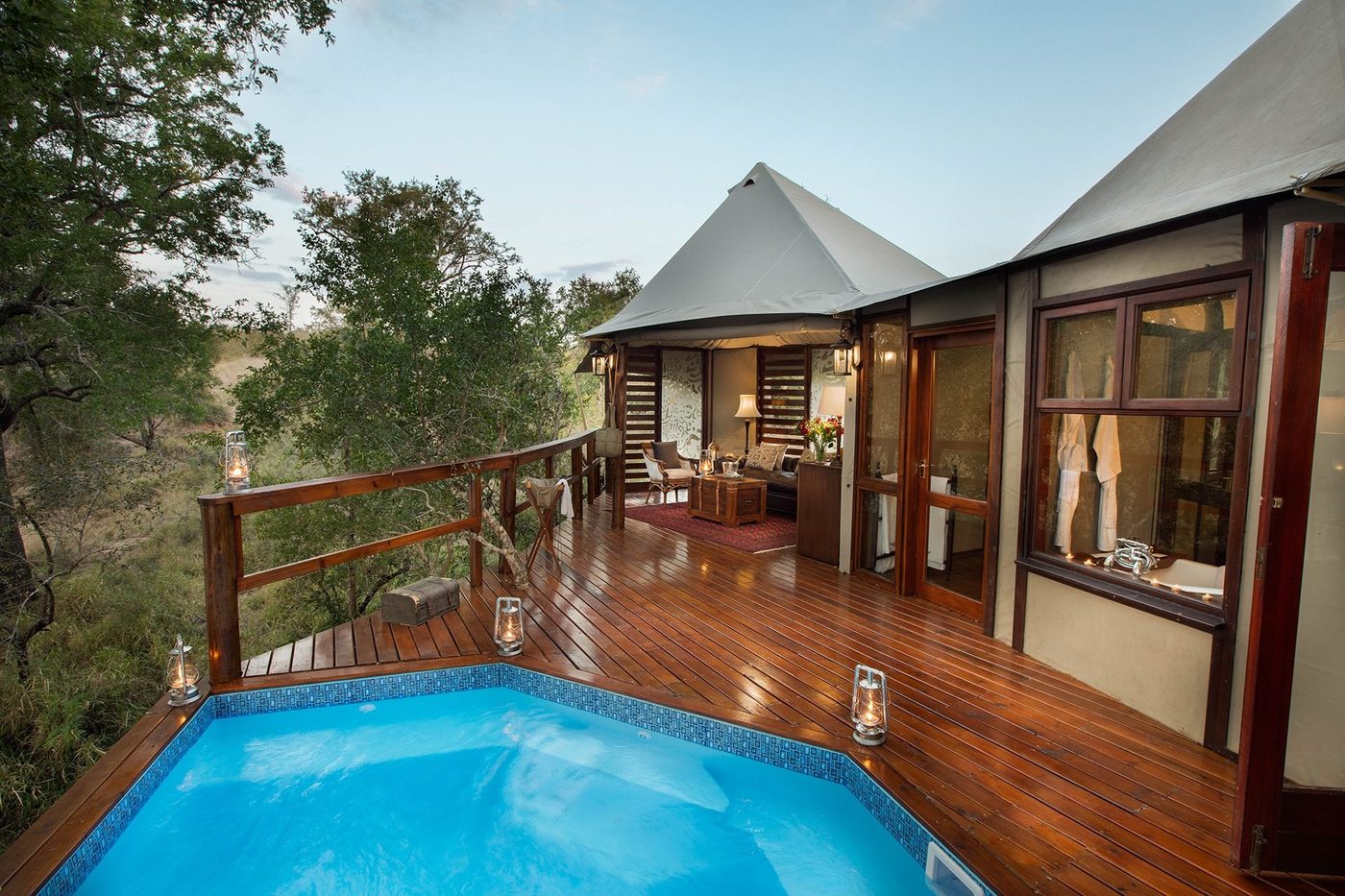 Private plunge pool on the wooden deck of a tented suite at Hamiltons Tented Camp