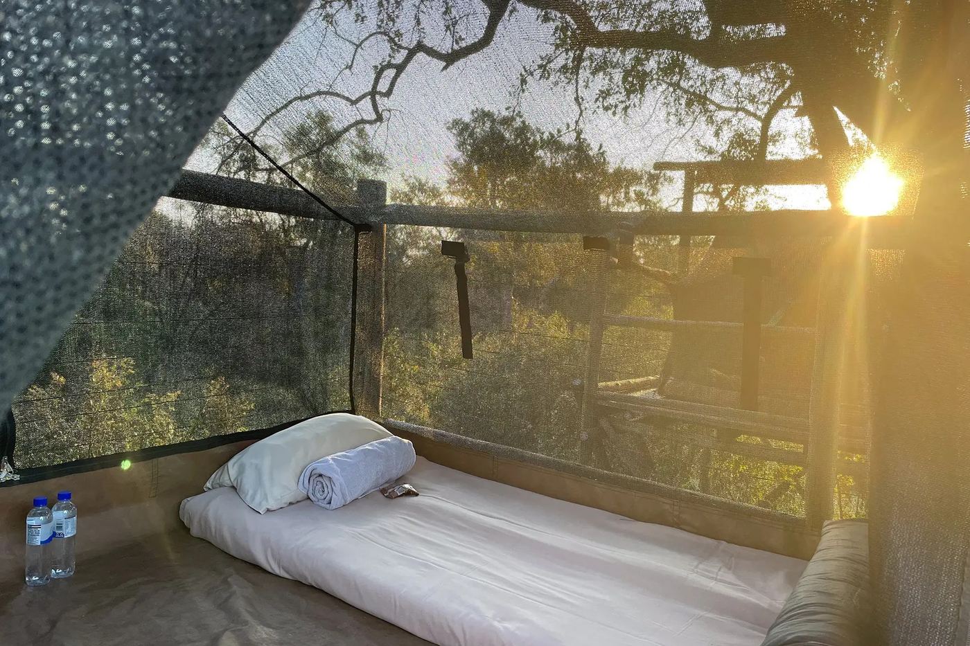 Safari bed with mosquito netting lit by morning sun at this Seolo Africa lodge in Kruger